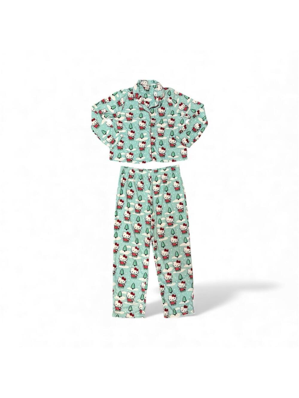 (C299) Hello Kitty Sanrio 2-Piece Pajama Set Sleepwear Seafoam Green Christmas L